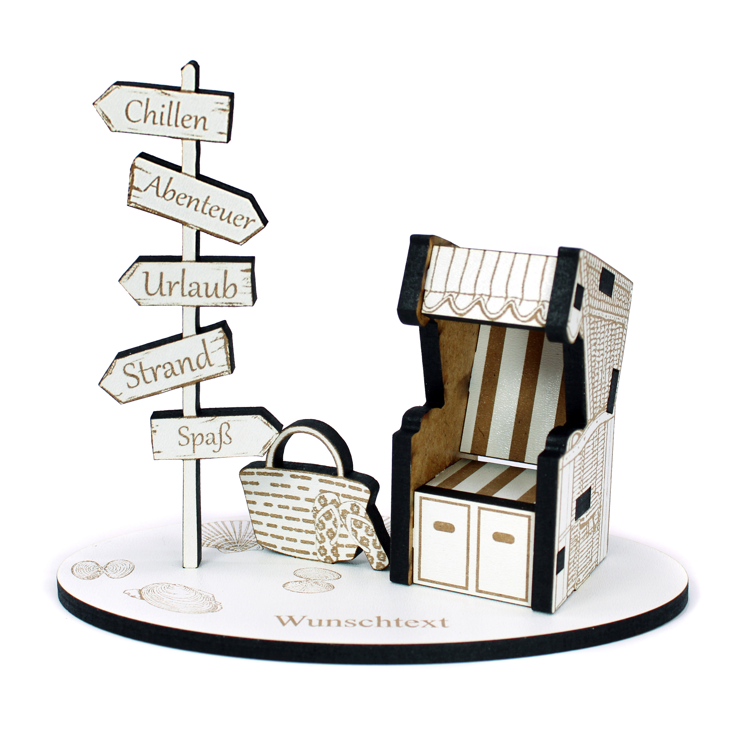 Urlaub Geldgeschenk Strandkorb mit Wegweisern - personalisiert mit Wunschtext - Schild für Geld Gutschein 15 x 12 cm