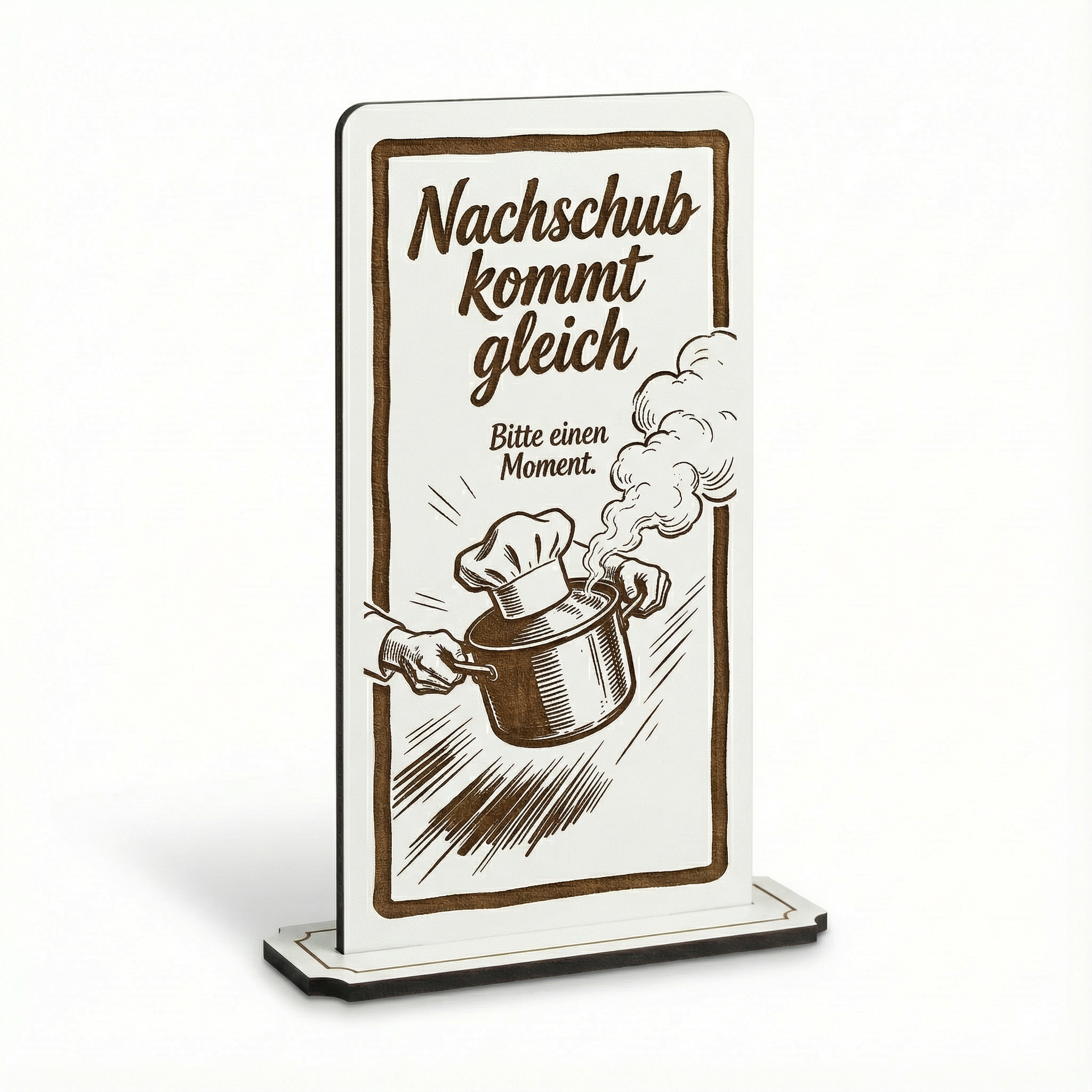 Aufsteller Schild „Nachschub kommt“ – Tischaufsteller 10x20 cm inkl. Standfuß