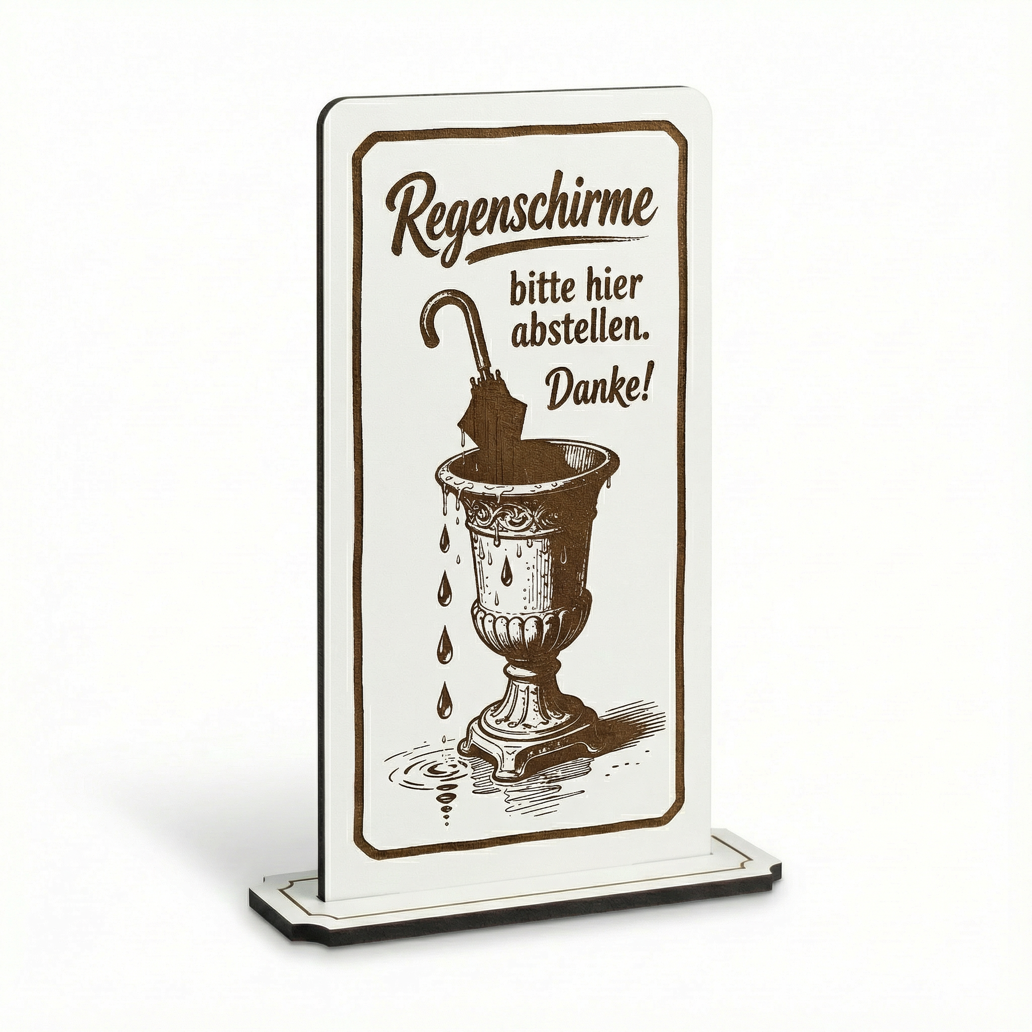 Aufsteller Schild „Regenschirm bitte hier abstellen“ – Tischaufsteller 10x20 cm inkl. Standfuß