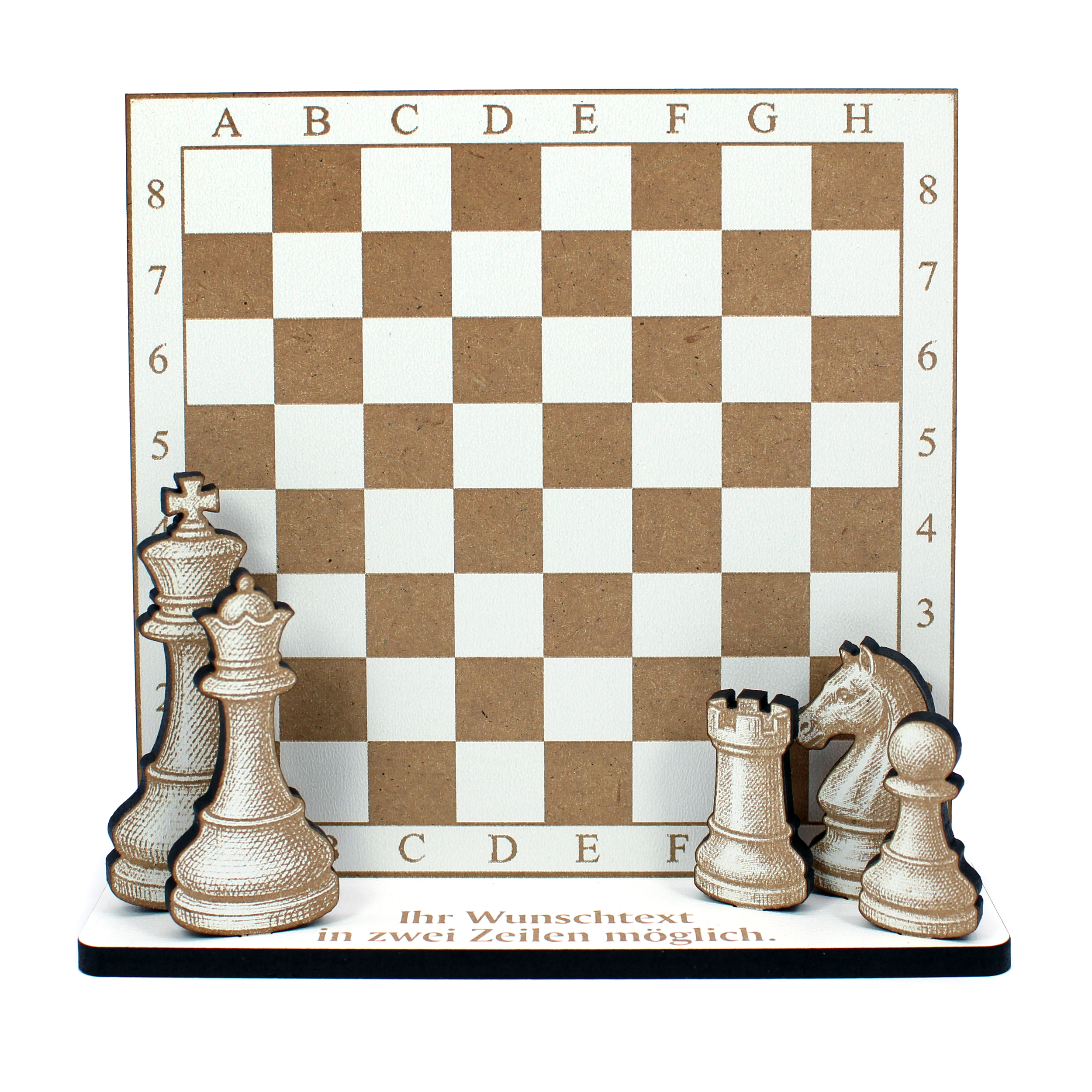 Geldgeschenk Schach – Weißer Deko Aufsteller 15x15 cm mit brauner Gravur, Schachbrett & Figuren, personalisierbarem Sockel – Geschenkidee für Schachspieler & Strategiefans