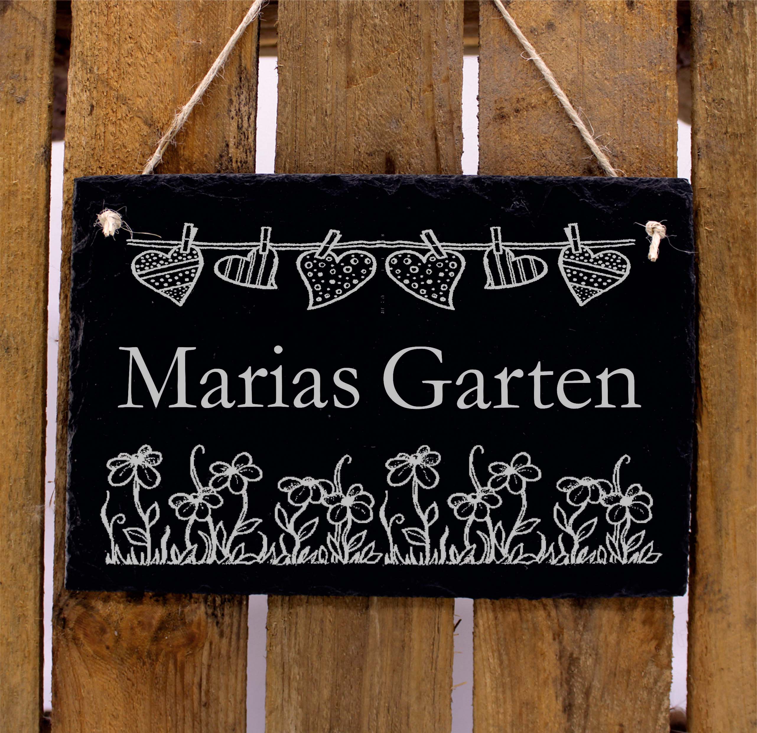 Garten Schild mit Wunschnamen Türschild Schiefer Schild Gravur Gartendeko personalisiert 22  x 16 cm