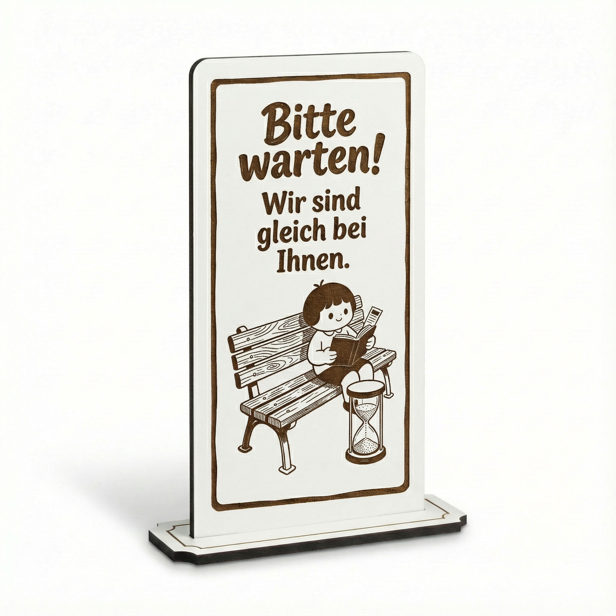 Aufsteller Schild „Bitte warten! Wir rufen Sie auf.“ – Tischaufsteller 10x20 cm inkl. Standfuß