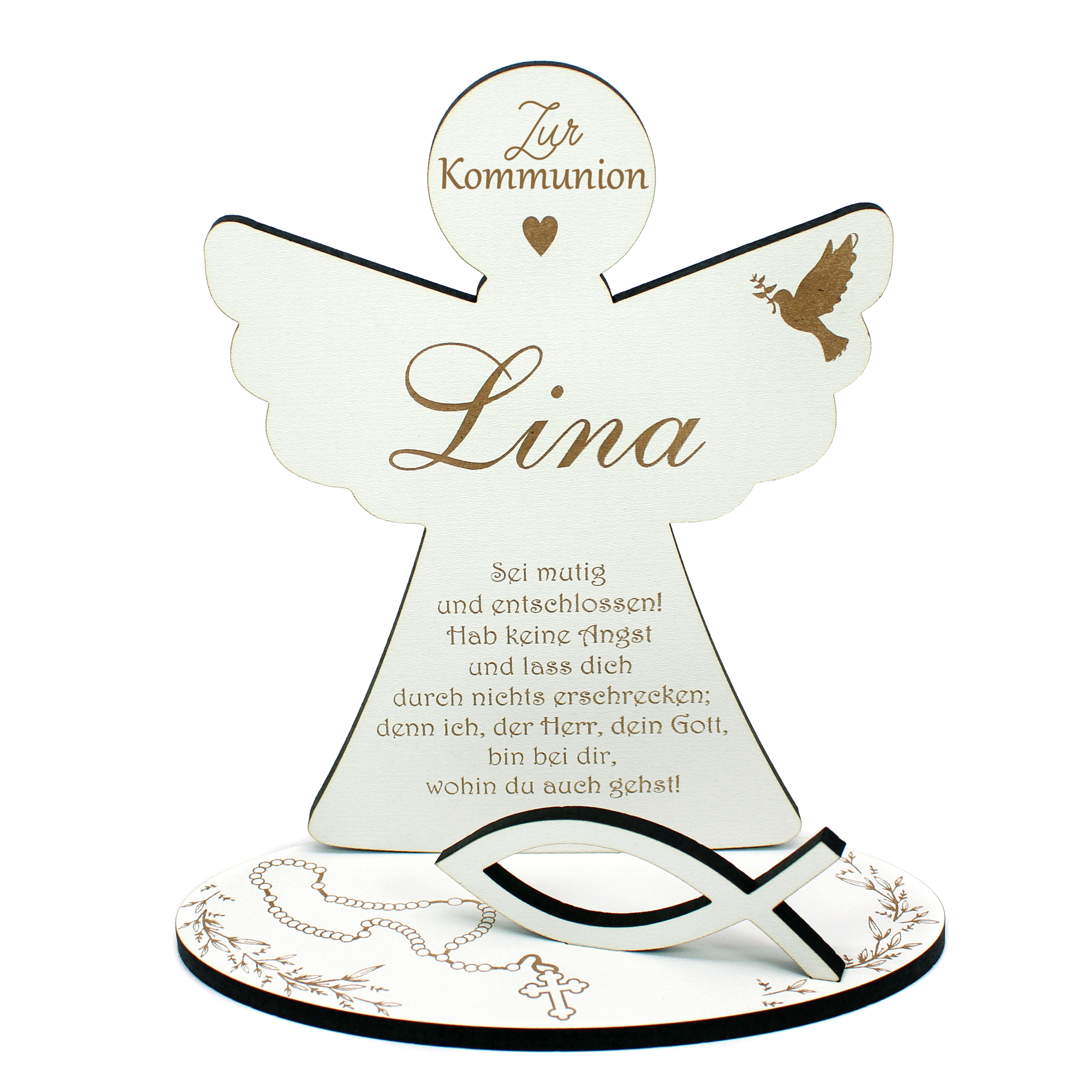 Geldgeschenk Kommunion personalisiert mit Name - Engel mit Spruch & Christenfisch - Schild für Geld Gutschein 15x17 cm