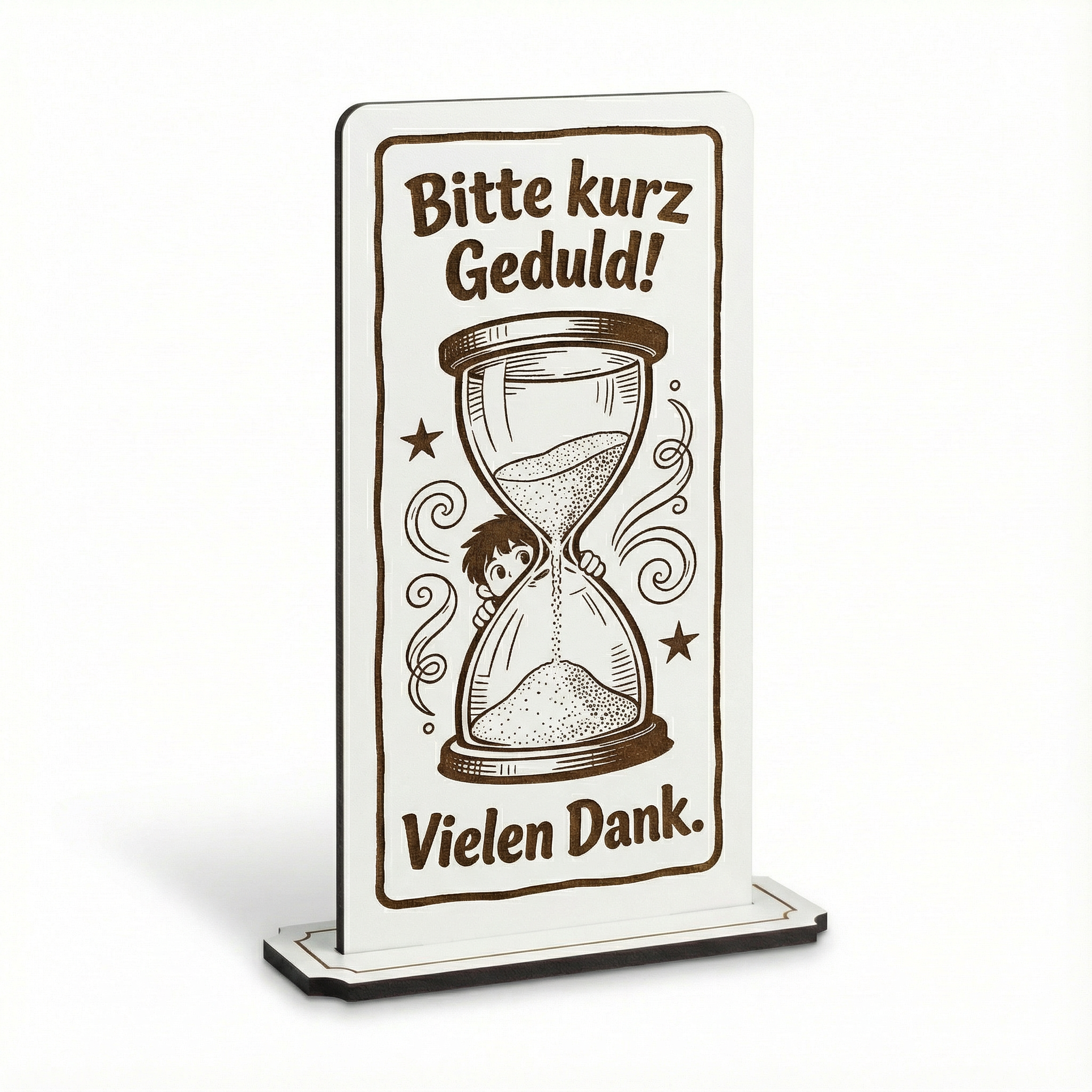 Aufsteller Schild „Bitte kurz Geduld“ – Tischaufsteller 10x20 cm inkl. Standfuß