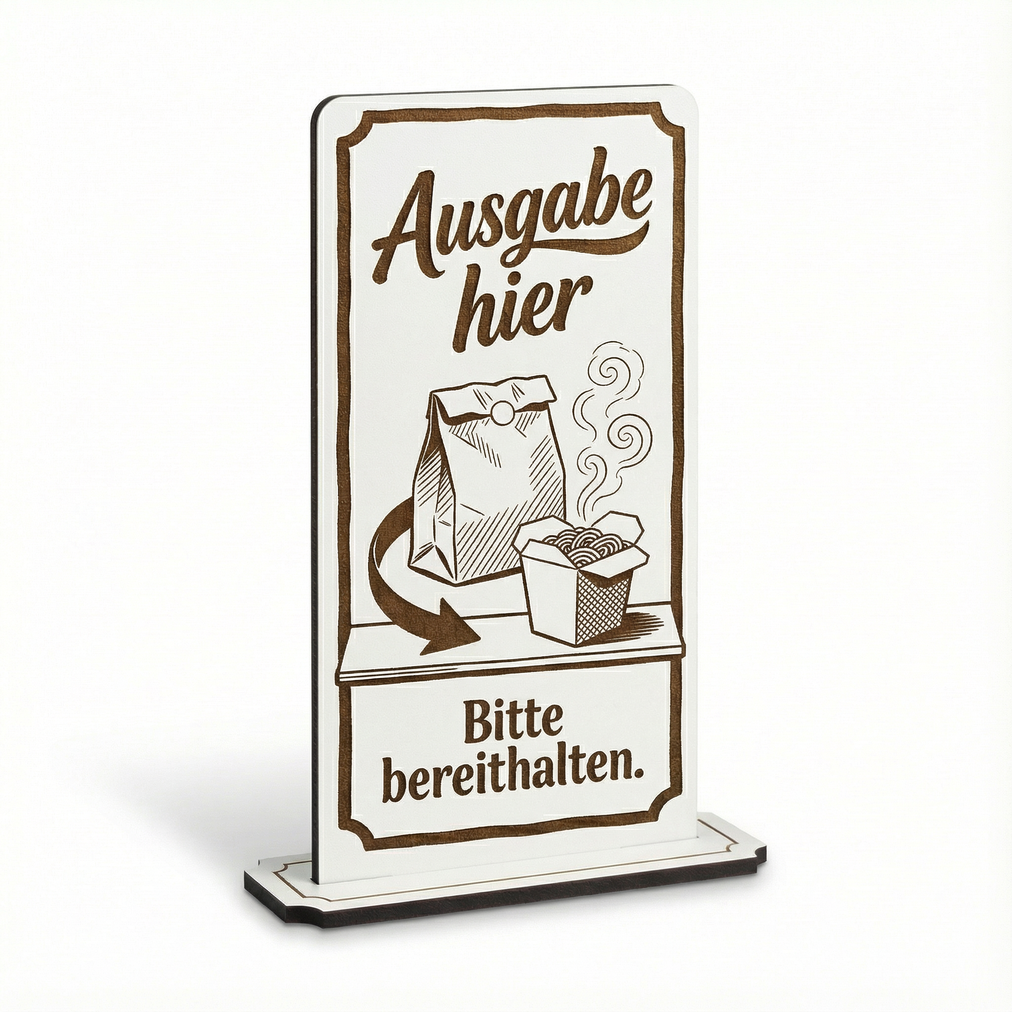 Aufsteller Schild „Ausgabe hier! Bitte hier abholen.“ – Tischaufsteller 10x20 cm inkl. Standfuß